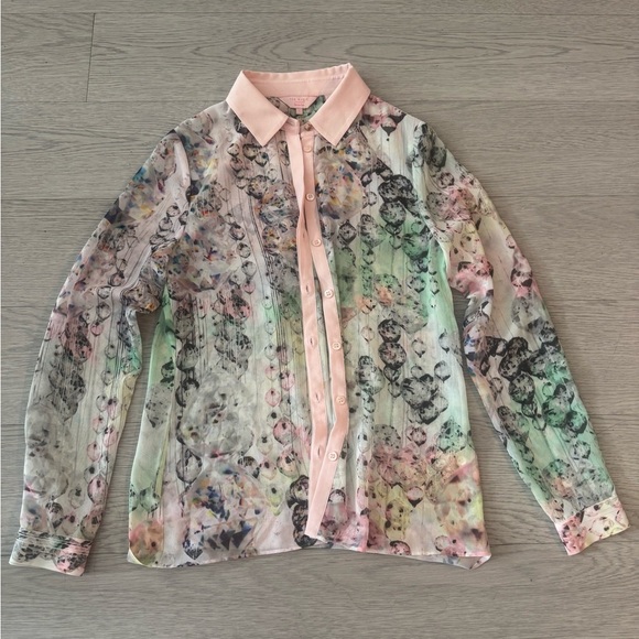 Ted Baker watercolor floral pink button down blouse size 1 US Small - Picture 1 of 6